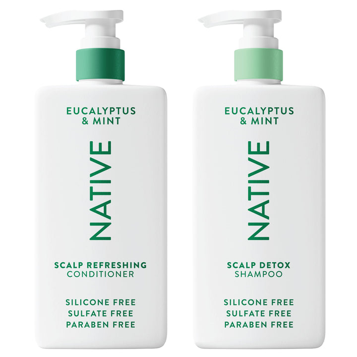 Native front packaging showing detox shampoo and conditioner, clean routine benefit