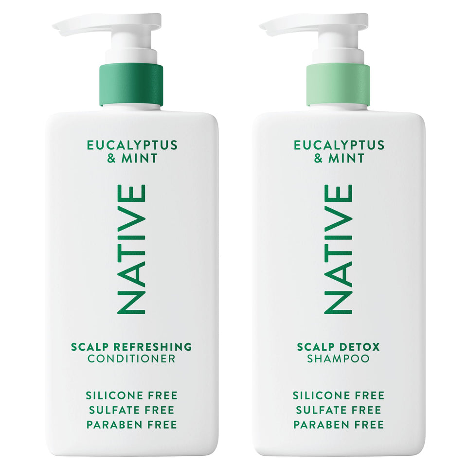 Native front packaging showing detox shampoo and conditioner, clean routine benefit