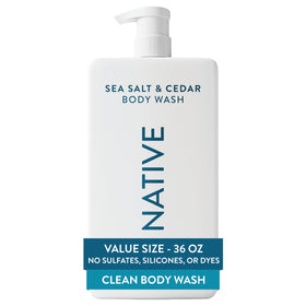Native front packaging showing 36 oz pump and Sea Salt & Cedar scent benefit