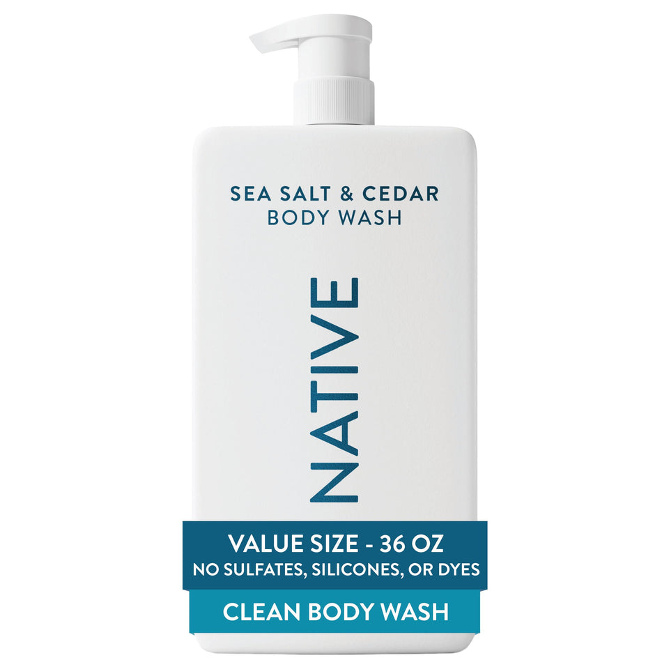 Native front packaging showing 36 oz pump and Sea Salt & Cedar scent benefit