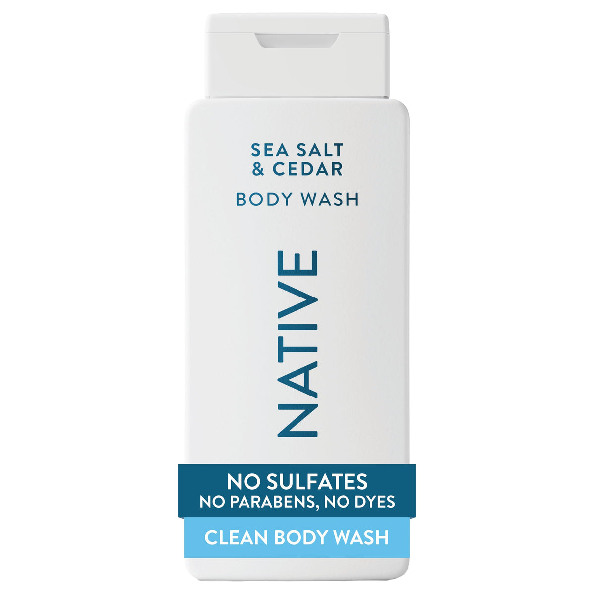Native front bottle view showing clean Sea Salt & Cedar scent benefit