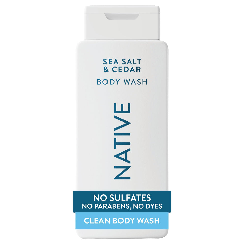 Native front bottle view showing clean Sea Salt & Cedar scent benefit