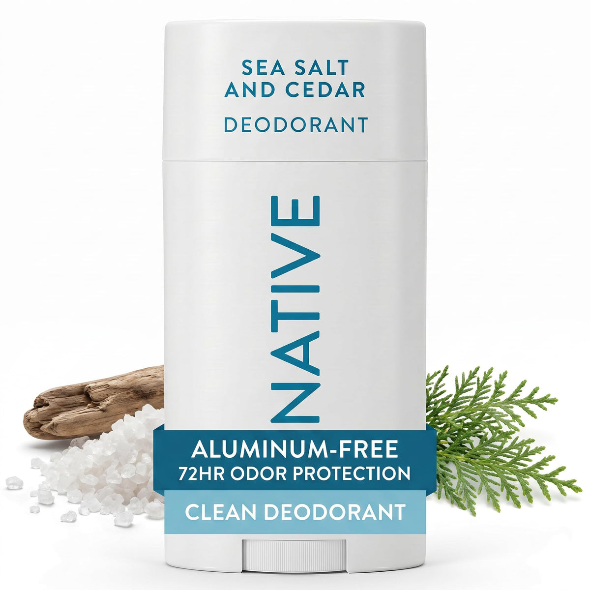 Native front packaging of Sea Salt & Cedar deodorant emphasizing clean formula
