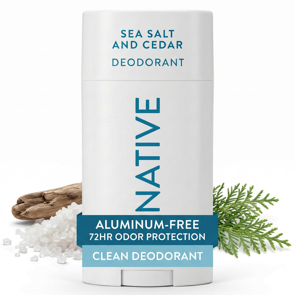 Native front packaging of Sea Salt & Cedar deodorant emphasizing clean formula