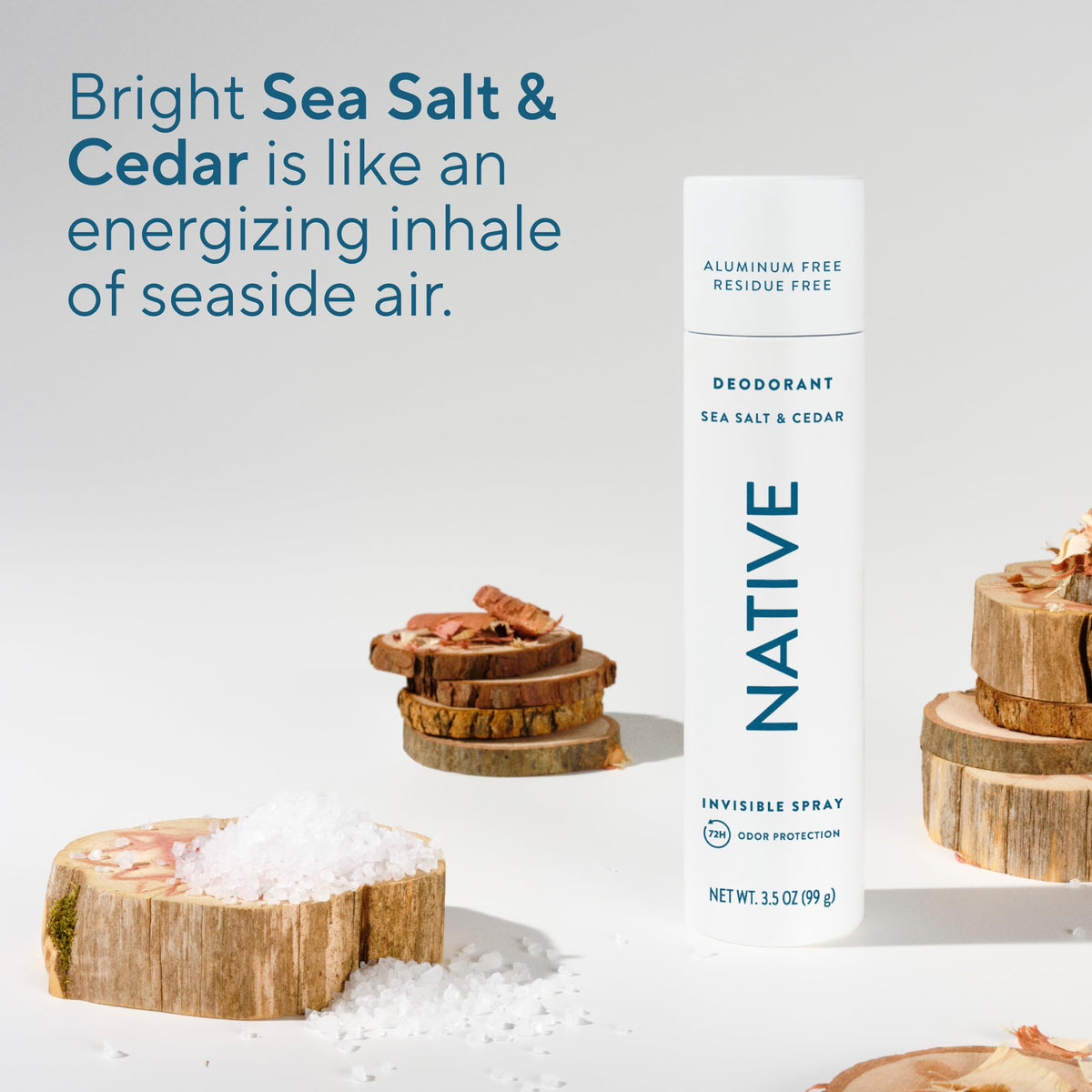Native Sea Salt & Cedar ingredient label close-up showing aluminum-free benefit