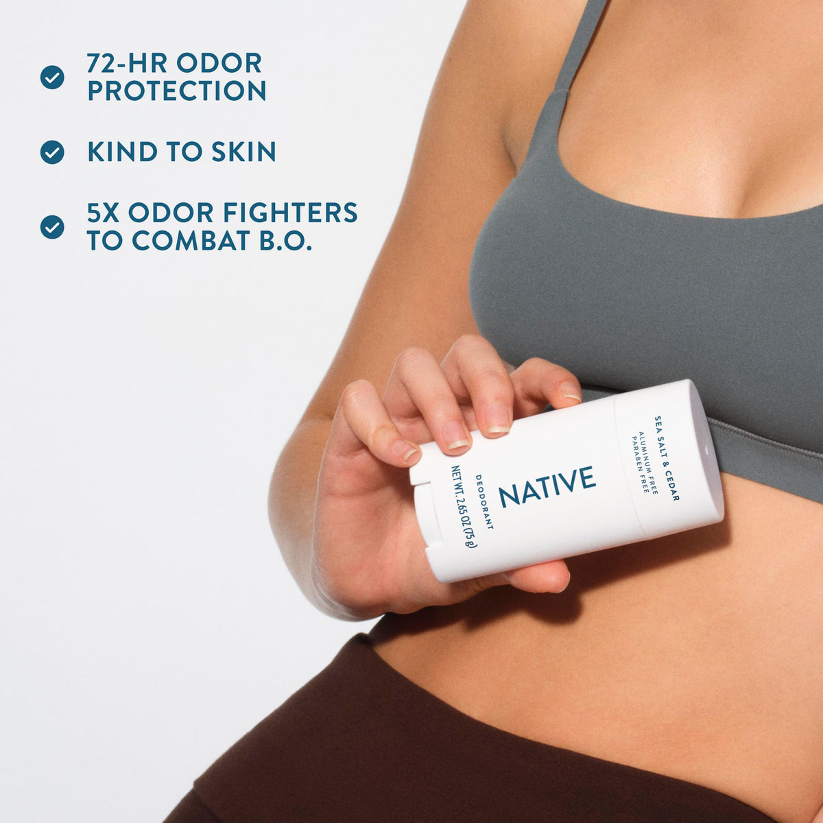 Native deodorant held in hand showing 2.65 oz size and portability benefit