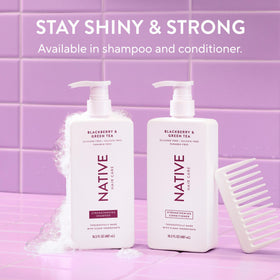 Native shampoo on bathroom shelf lifestyle scene signaling everyday routine benefit