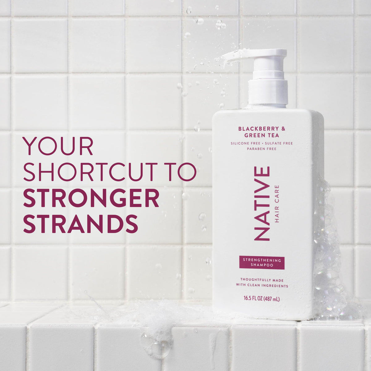 Native pump close-up displaying shampoo texture and easy-dispense benefit