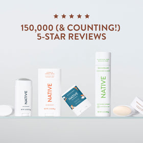 Native deodorant in hand for scale, communicates compact size and travel convenience