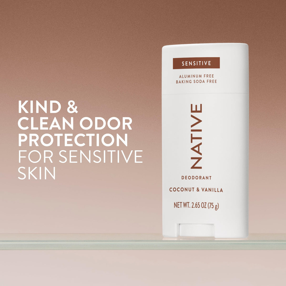 Native deodorant stick angled to show label and cap, emphasizes easy application