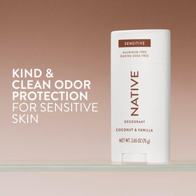 Native deodorant stick angled to show label and cap, emphasizes easy application