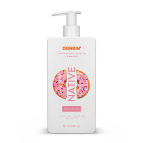 Native front packaging of Strawberry Frosted shampoo showing bottle and label benefits