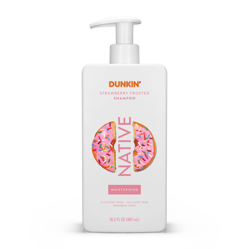 Native front packaging of Strawberry Frosted shampoo showing bottle and label benefits