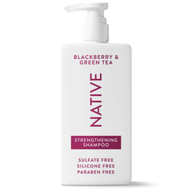 Native strengthening shampoo bottle front view shows clean design and size benefit