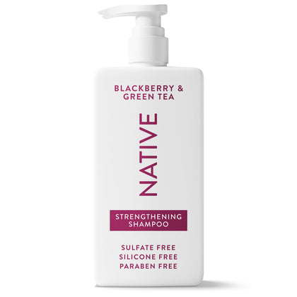 Native strengthening shampoo bottle front view shows clean design and size benefit