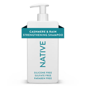 Native bottle front view showing Cashmere & Rain scent and benefit of strengthening