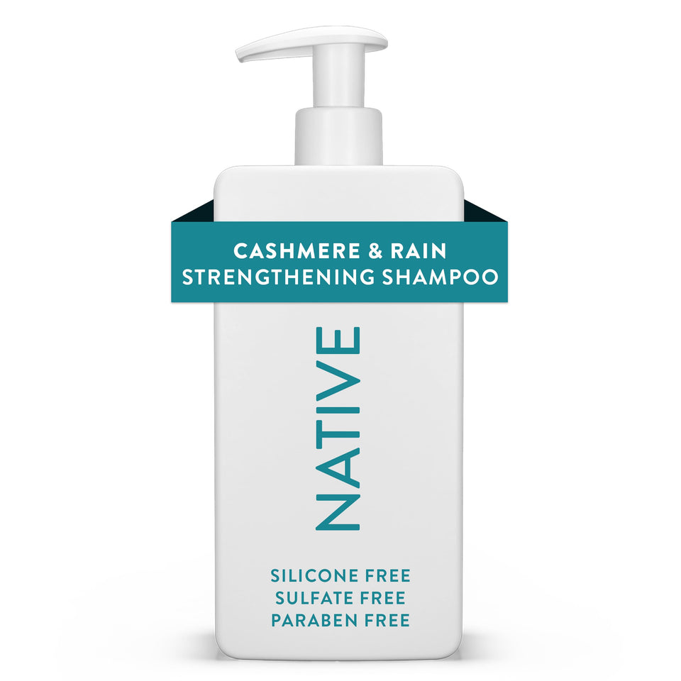 Native bottle front view showing Cashmere & Rain scent and benefit of strengthening