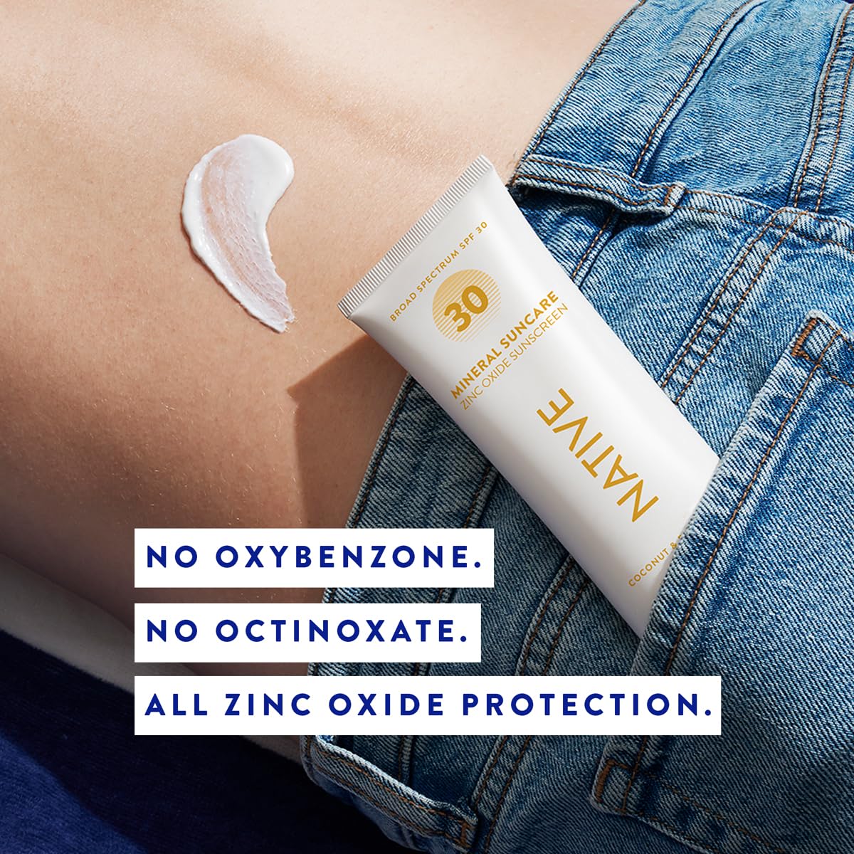 Native sunscreen 5 oz next to sunglasses, compact size for beach or travel