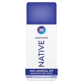 Native front packaging showing unscented SPF 30 and zinc oxide protection