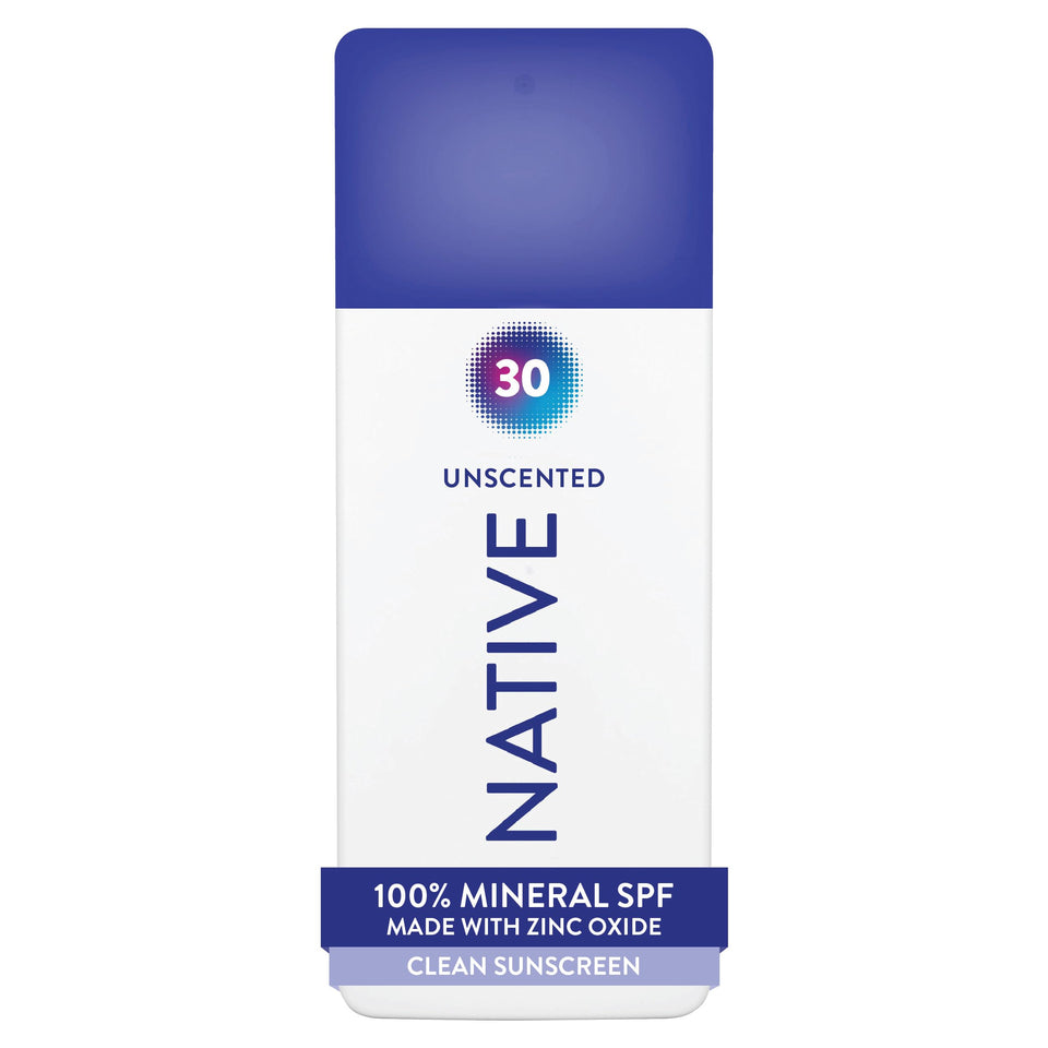Native front packaging showing unscented SPF 30 and zinc oxide protection
