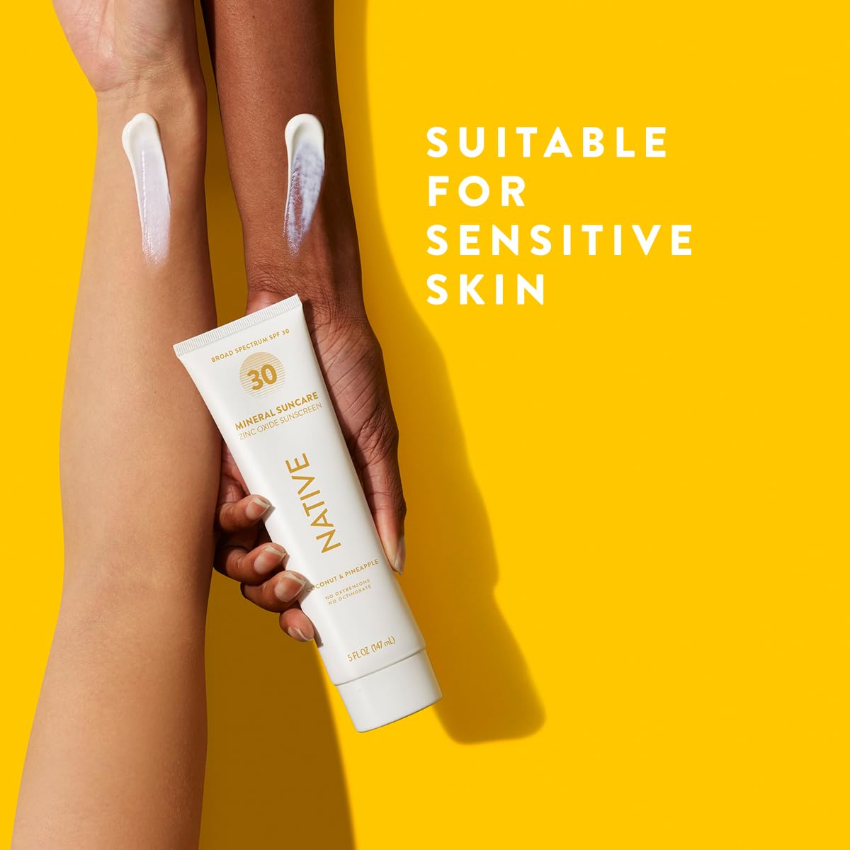Native sunscreen lotion texture close-up, smooth lightweight feel on skin