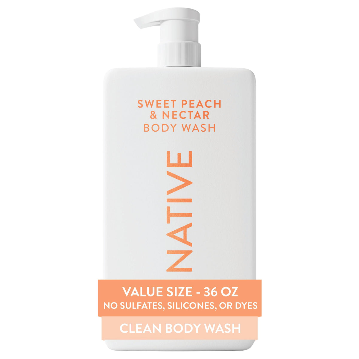 Native front packaging showing 36 oz pump and peach scent for easy refills