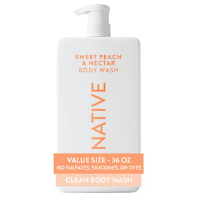 Native front packaging showing 36 oz pump and peach scent for easy refills