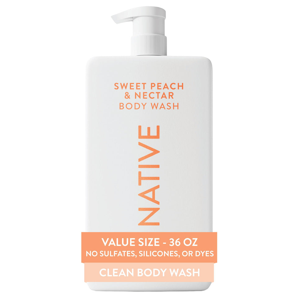 Native front packaging showing 36 oz pump and peach scent for easy refills