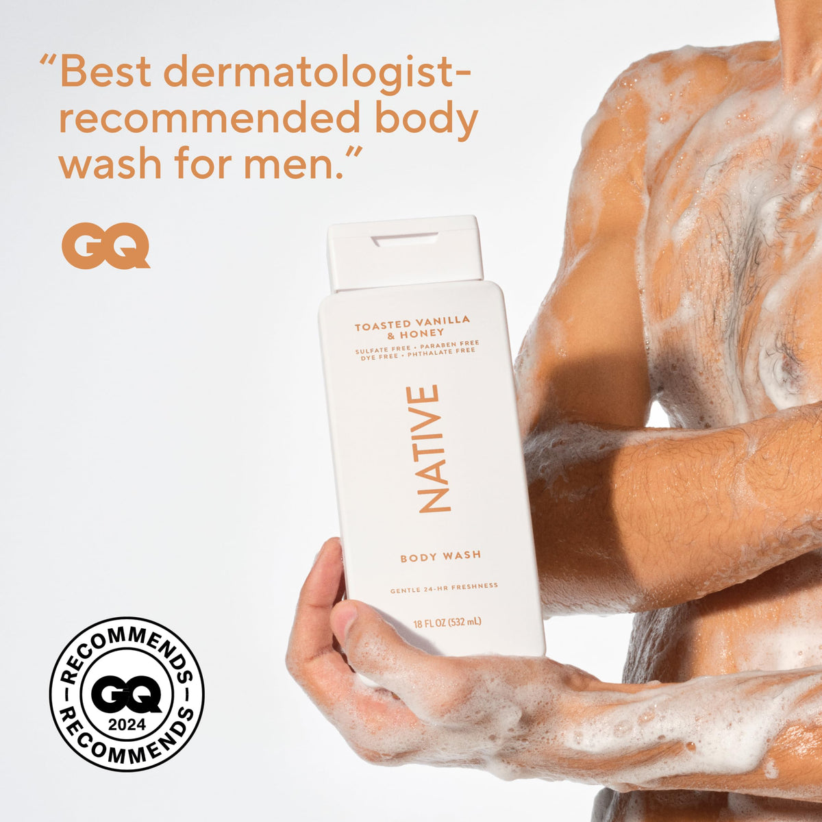 Native golden body wash pouring to show silky texture and smooth application