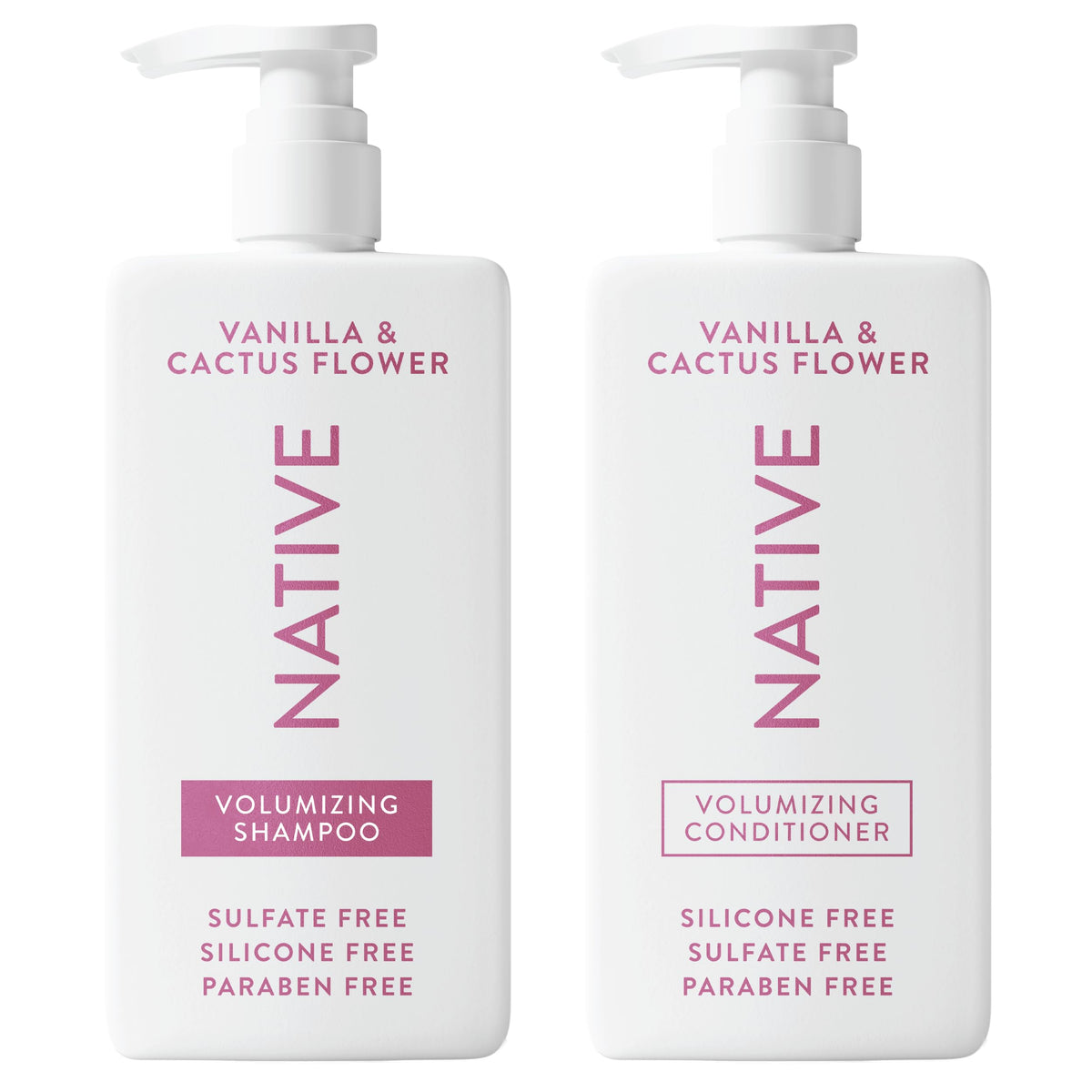 Native front packaging showing volumizing shampoo and conditioner benefits