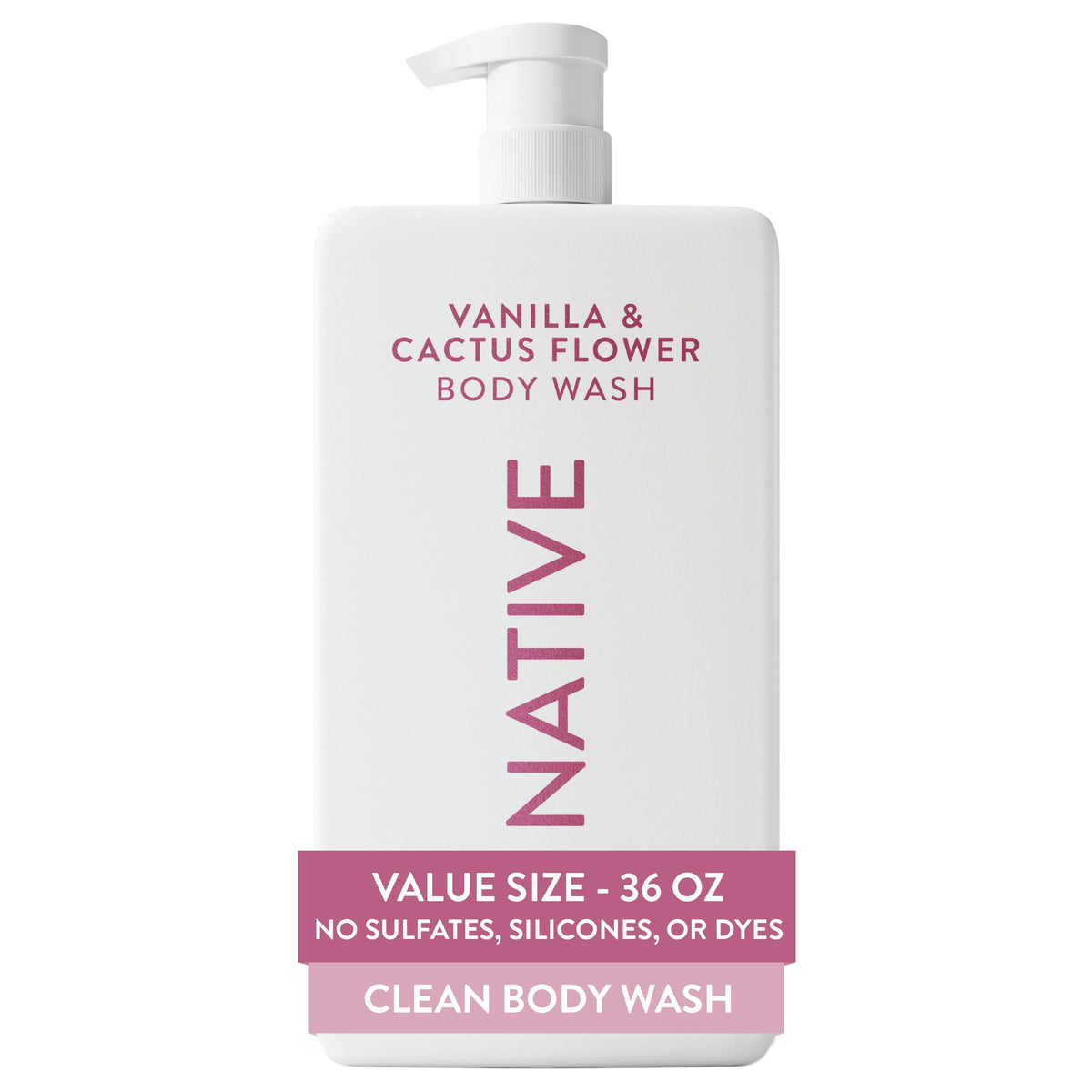 Native front packaging showing 36 oz bottle and label, convenient value for families