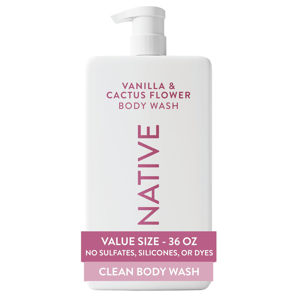 Native front packaging showing 36 oz bottle and label, convenient value for families