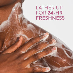 Native pump dispensing body wash into palm, illustrating controlled, mess-free dosing