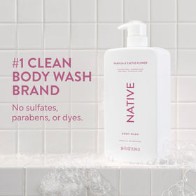 Native pump close-up highlighting easy one-handed dispensing and neat shower use