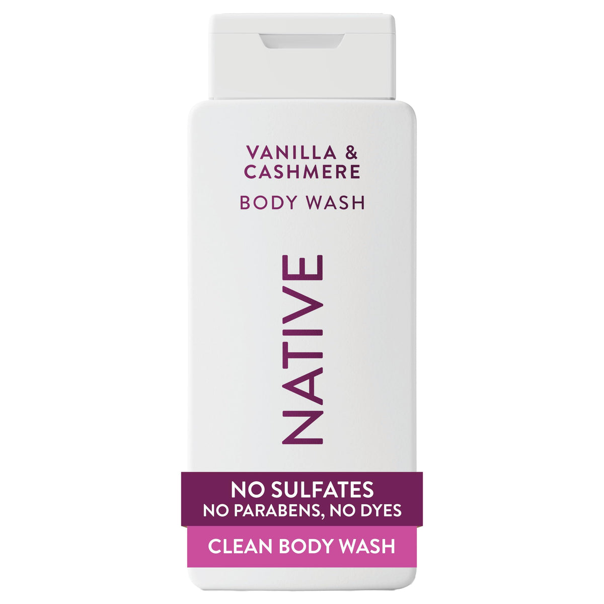 Native bottle front packaging showing Vanilla & Cashmere label and benefits