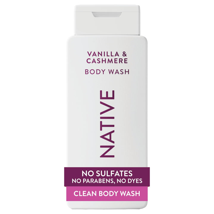 Native bottle front packaging showing Vanilla & Cashmere label and benefits