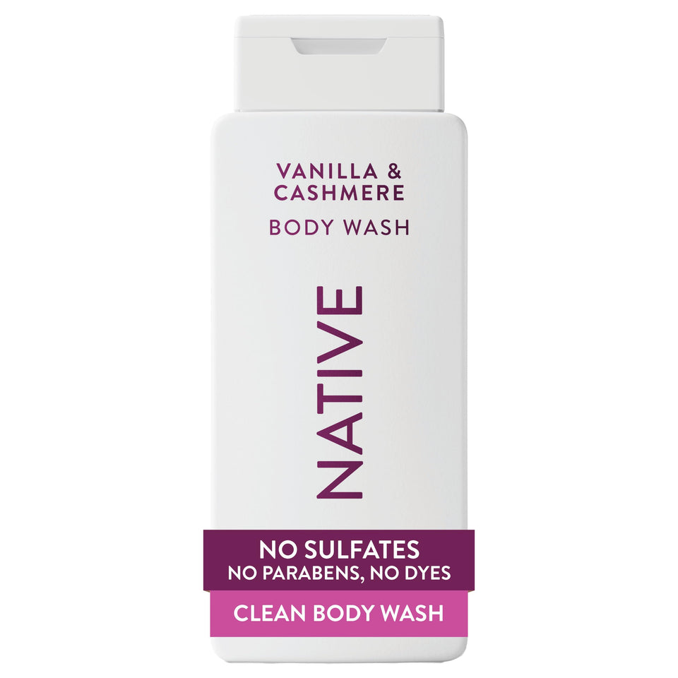 Native bottle front packaging showing Vanilla & Cashmere label and benefits
