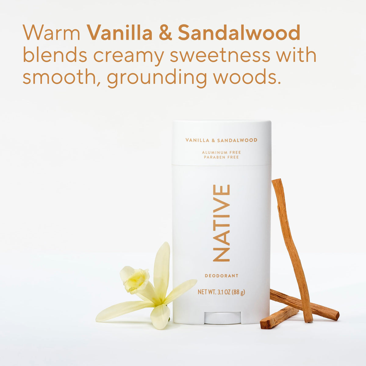Label detail on Native stick highlighting aluminum-free and vegan ingredients for trust