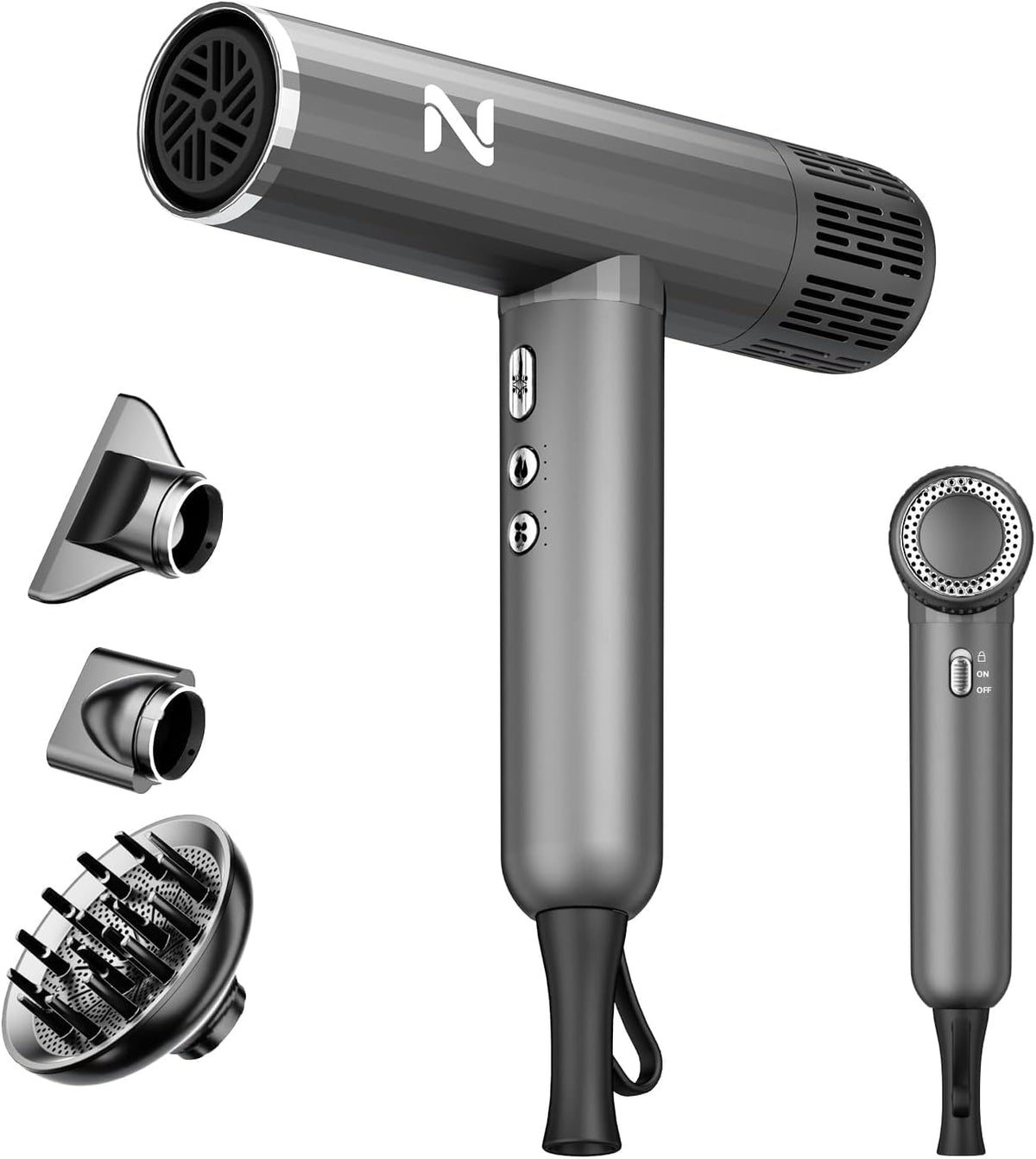 natrial hair dryer front view showing design and compact profile, easy storage benefit