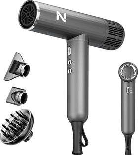 natrial hair dryer front view showing design and compact profile, easy storage benefit