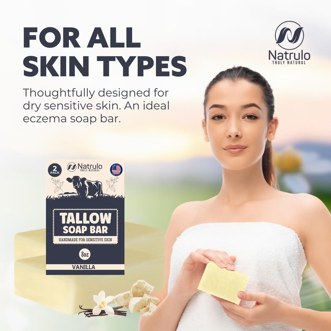 Natrulo soap displayed on bathroom shelf suggesting calming vanilla bath ritual