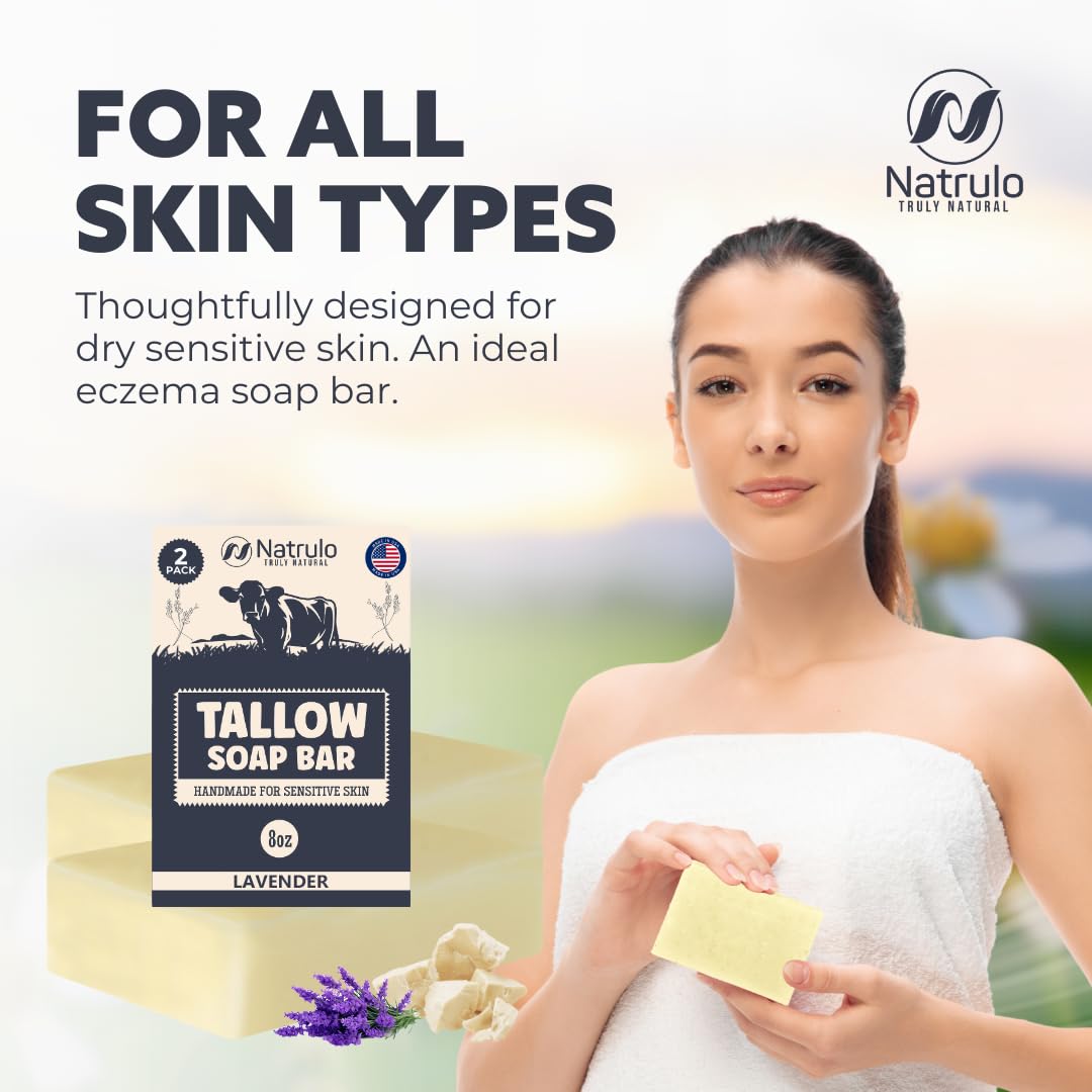 Natrulo soap on bathroom counter with lavender for calming ambiance