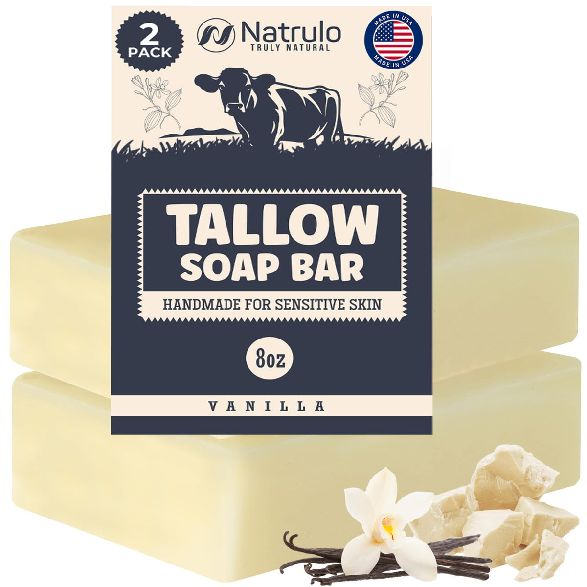 Natrulo front packaging of beef tallow soap showing natural vanilla scent and benefits