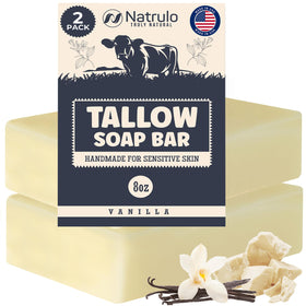 Natrulo front packaging of beef tallow soap showing natural vanilla scent and benefits