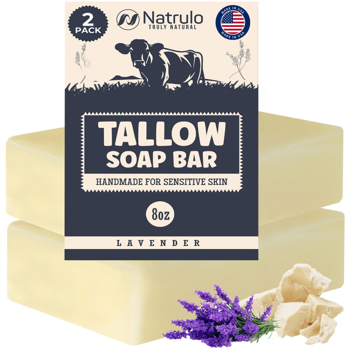 Natrulo front packaging showing beef tallow soap and benefits