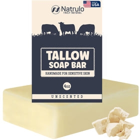 Natrulo front packaging showing unscented tallow soap and clear labeling benefit