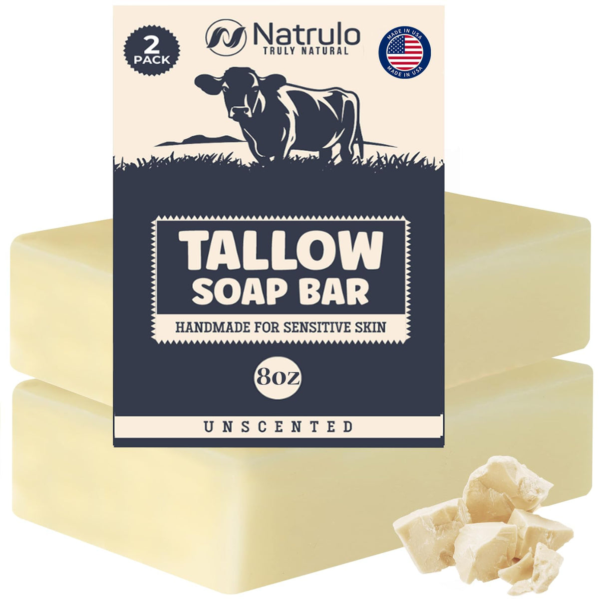 Natrulo front packaging showing unscented beef tallow soap for gentle cleanse