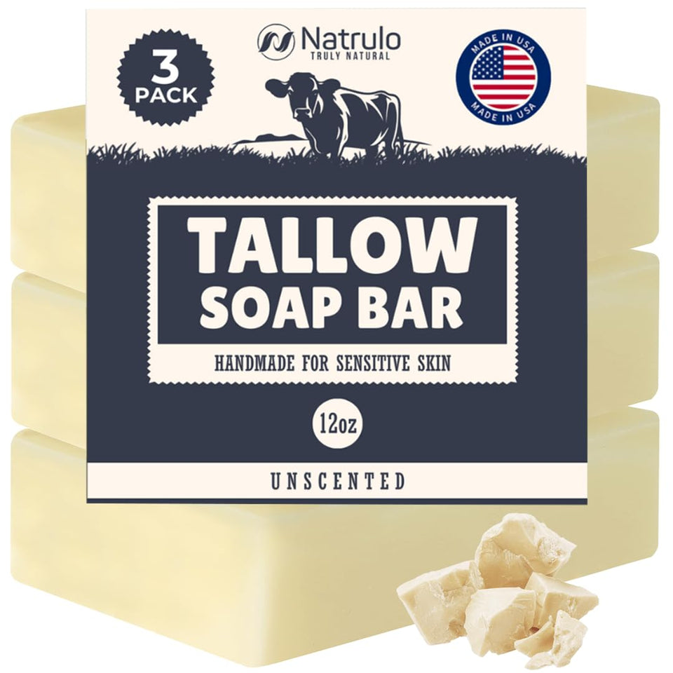 Natrulo front packaging showing unscented grass‑fed tallow soap benefits