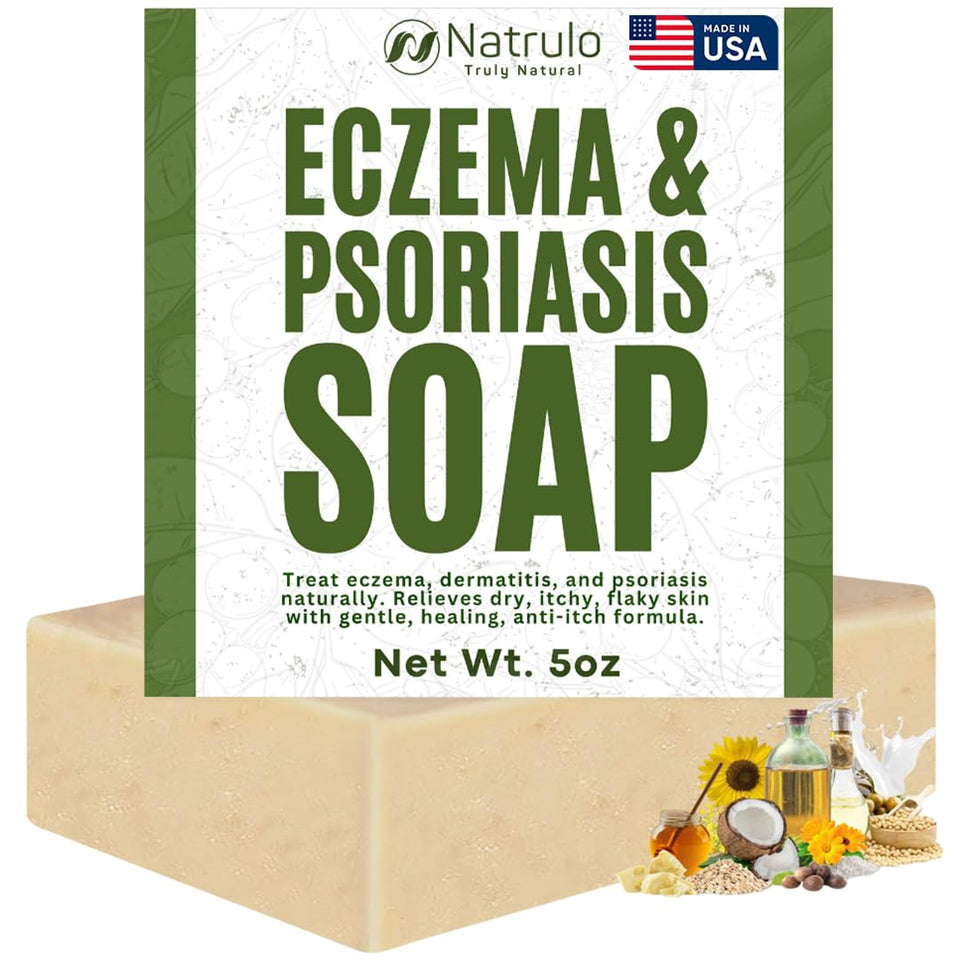 Natrulo front packaging displaying eczema soap benefits and natural ingredients