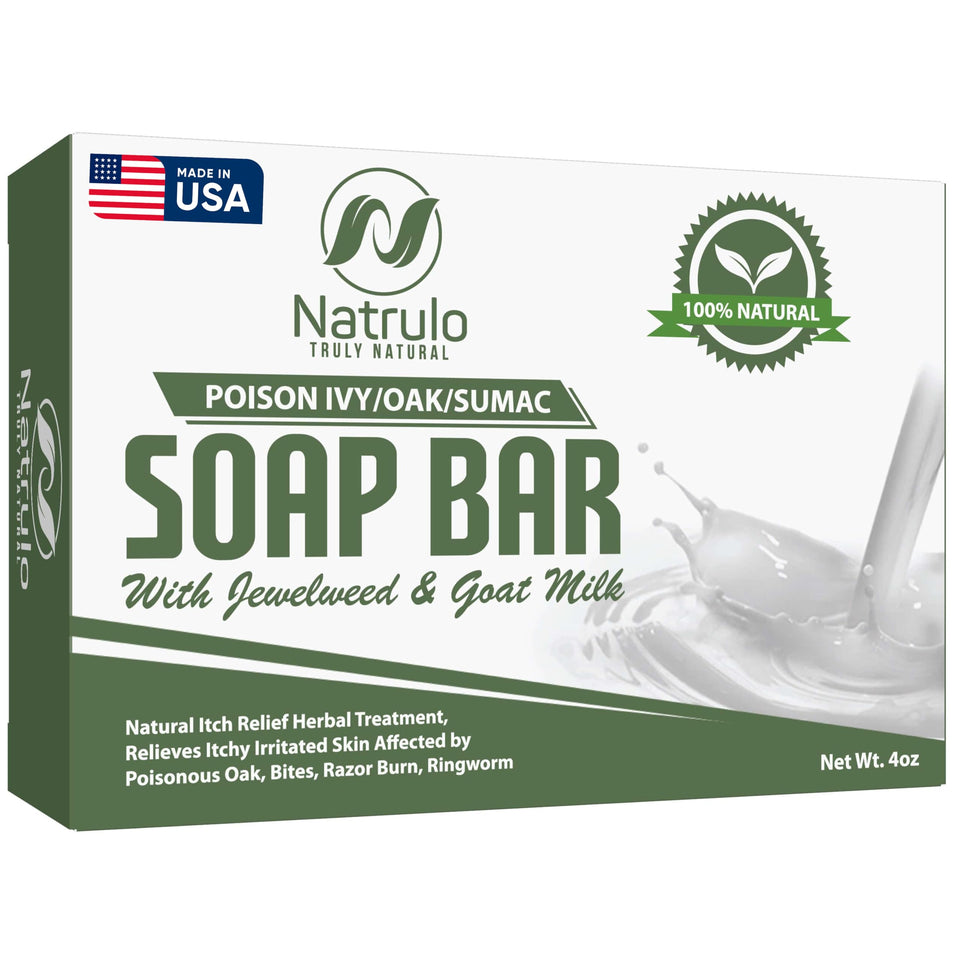 Natrulo front packaging showing poison ivy soap bar and benefits